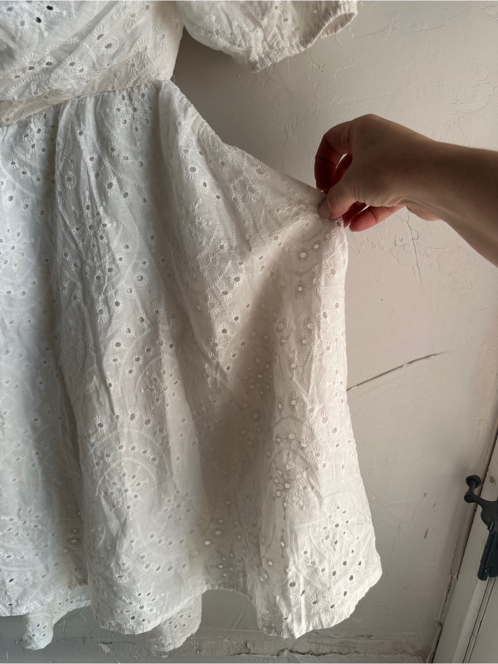 Hello Molly White Eyelet Puff Sleeve Open Back Mini Dress Cottagecore Coquette - Picture 6 of 13